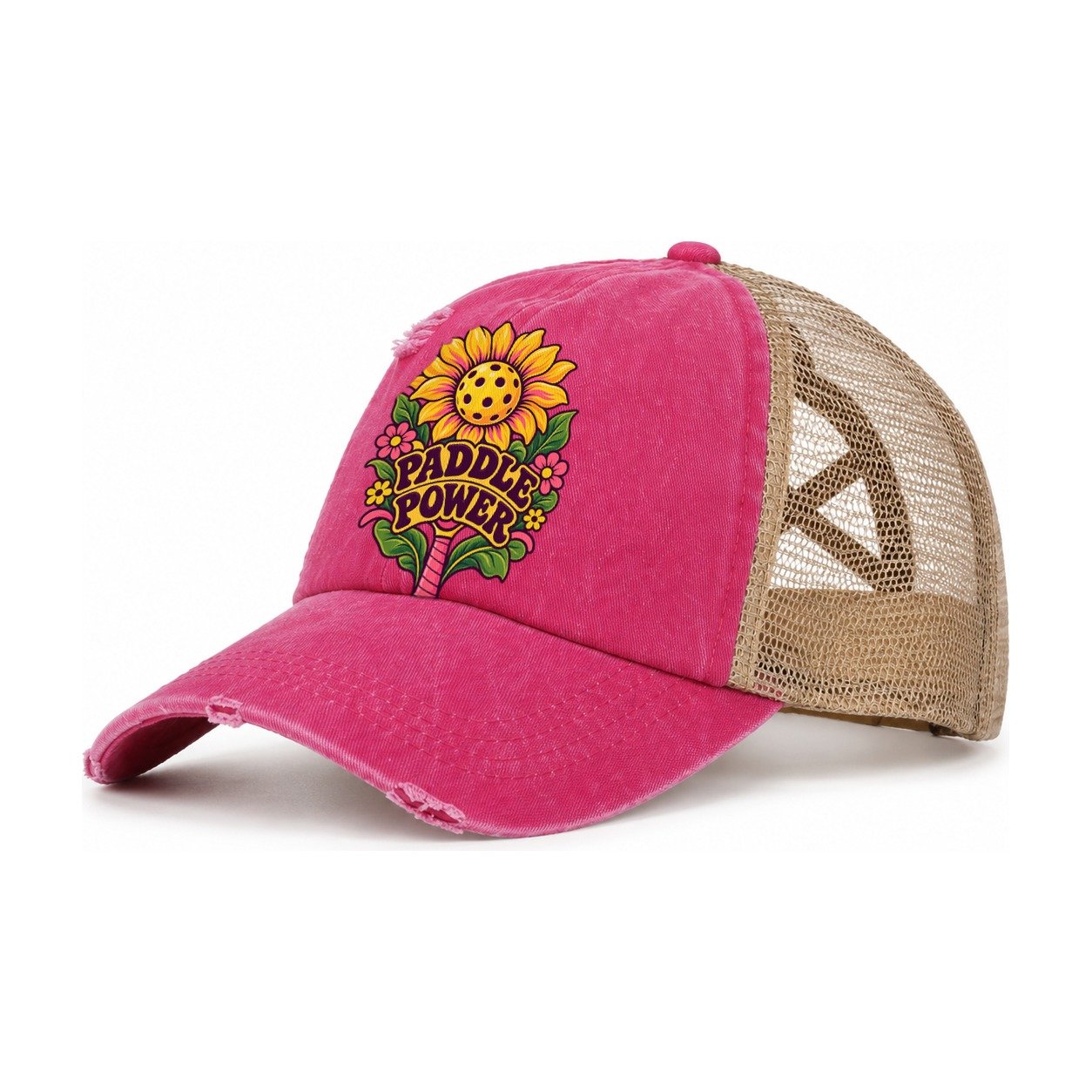 Sunflower Paddle Power Pickleball Life Women's Ponytail Trucker Hat – Raspberry Khaki