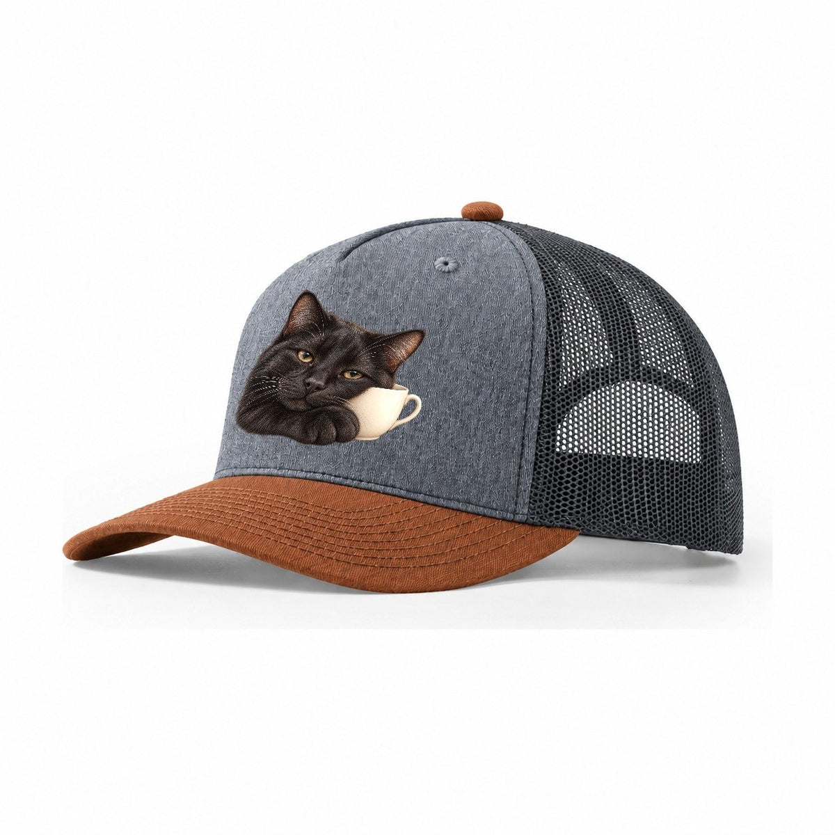 Black Cat Teacup Companion Pastimes Companions Trucker Hat – Heather Grey Rust Charcoal