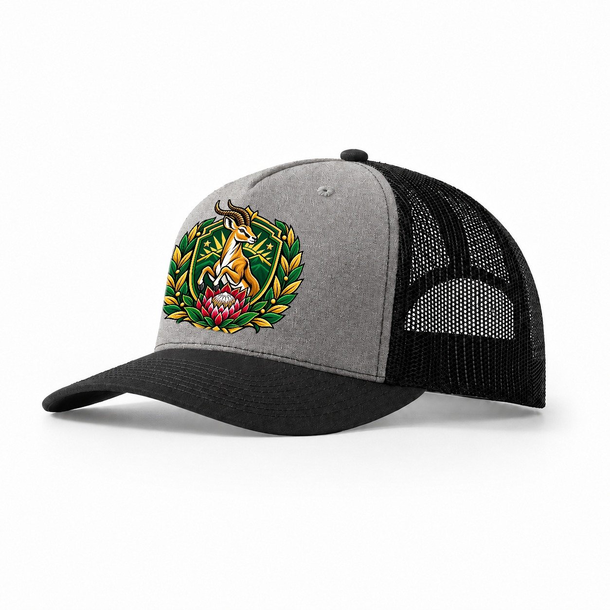 South Africa Heraldic Crest Country Logos Trucker Hat – Grey Black