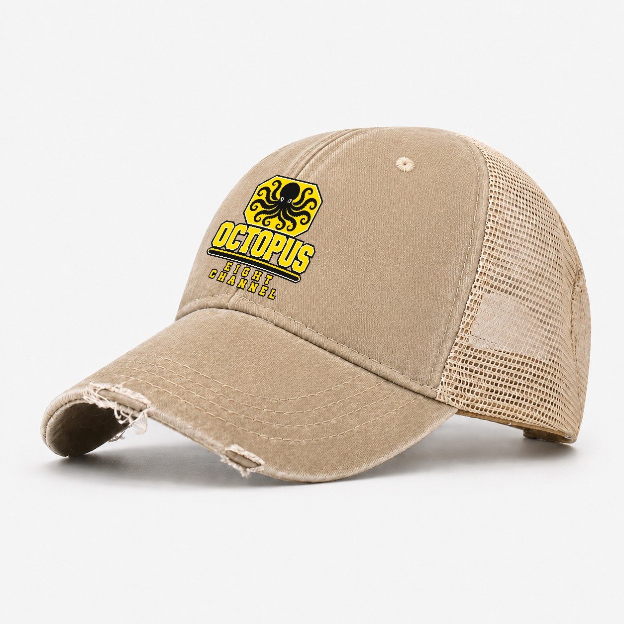 Octopus Eight Channel Heavy Duty Washed Trucker Hat – Khaki