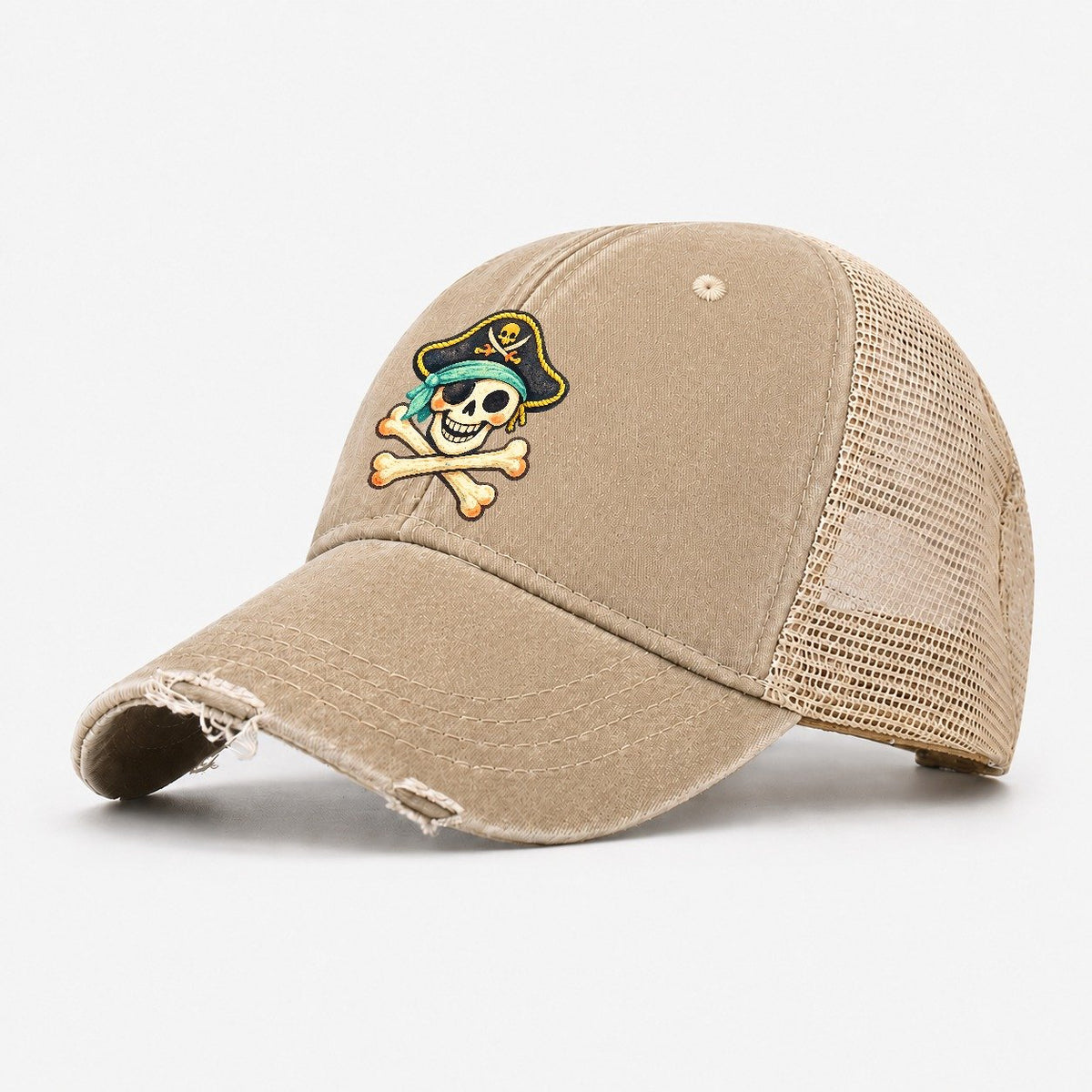Pirate Skull Crossbones Washed Trucker Hat – Khaki