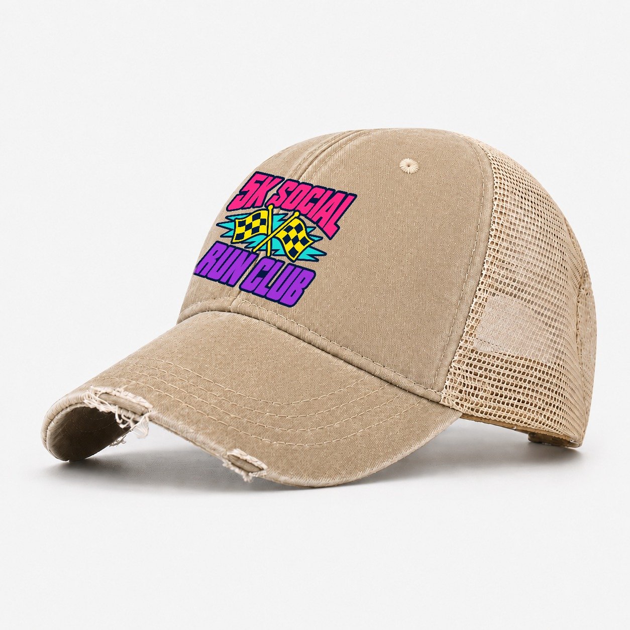 5K Social Run Club 90S Running Clubs Washed Trucker Hat – Khaki