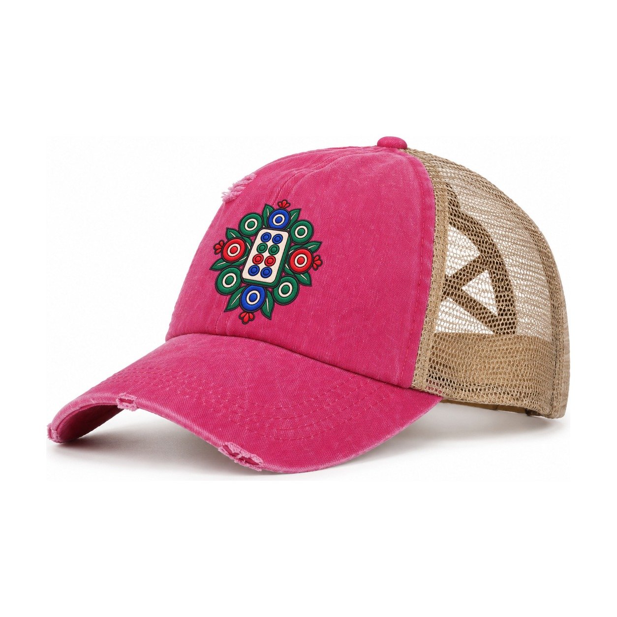 Eight Dot Bloom Mahjong Game Night Women's Ponytail Trucker Hat – Raspberry Khaki