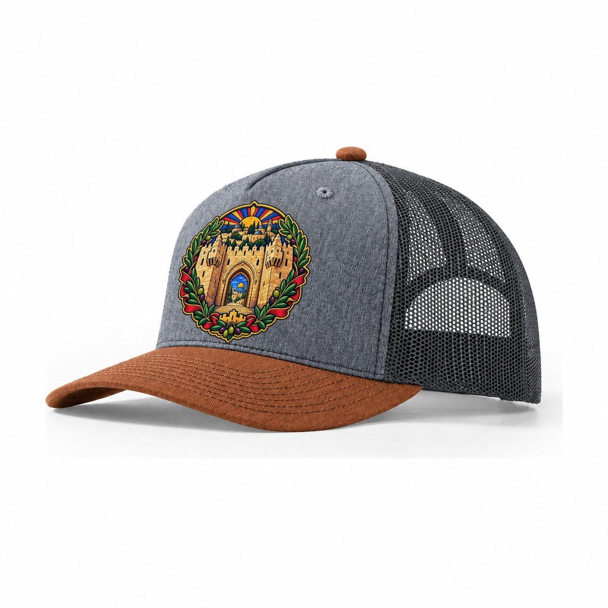 Damascus Gate Arch Jerusalem Trucker Hat – Heather Grey Rust Charcoal