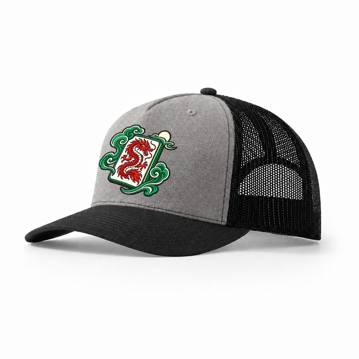 Red Dragon Mahjong Game Night Trucker Hat – Grey Black
