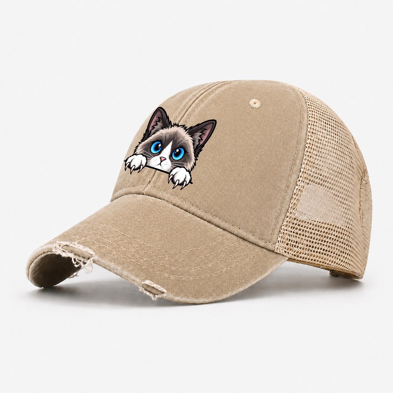 Snowshoe Cat Peeking Peeking Cats Washed Trucker Hat – Khaki