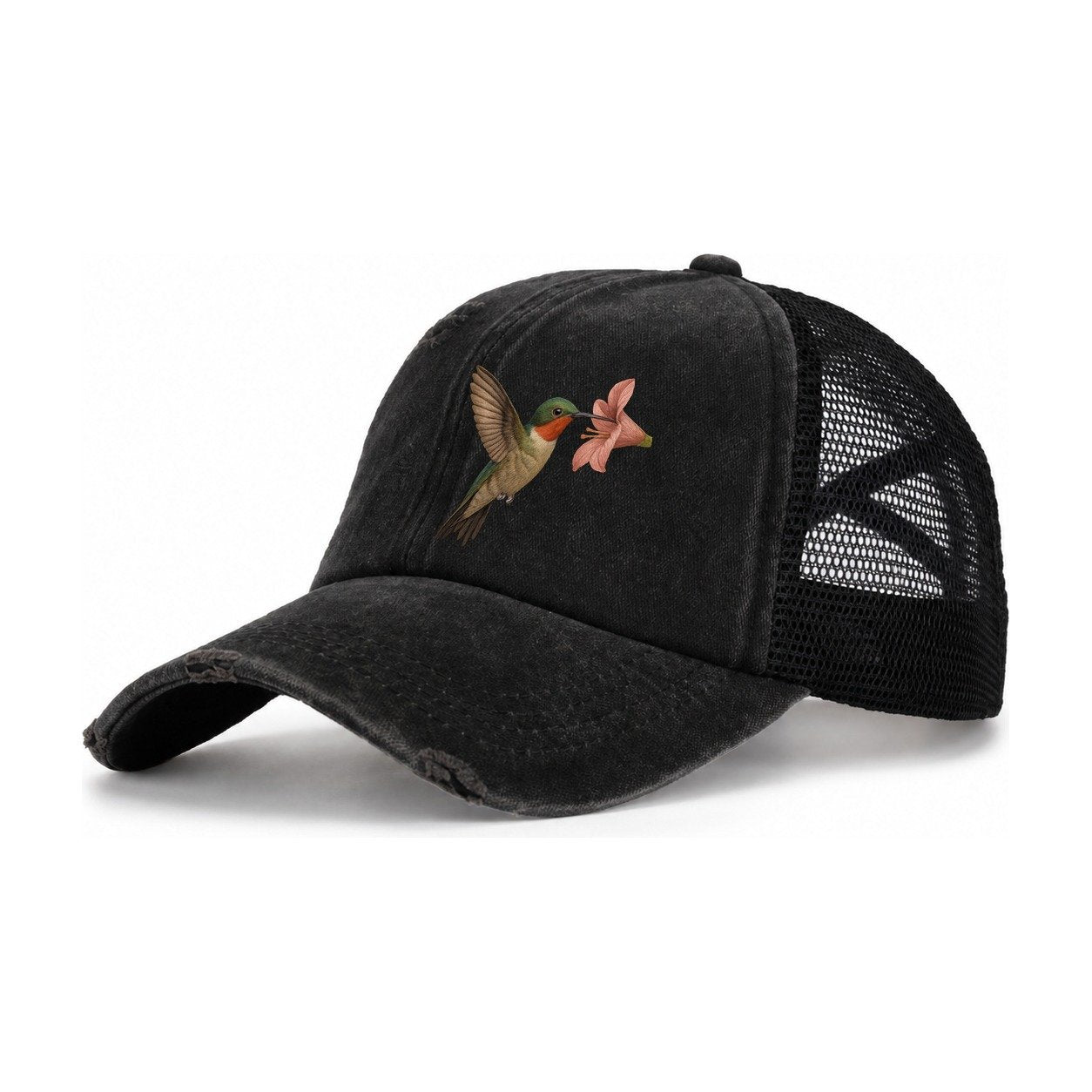 Hummingbird Haven Women's Ponytail Trucker Hat – Black Black