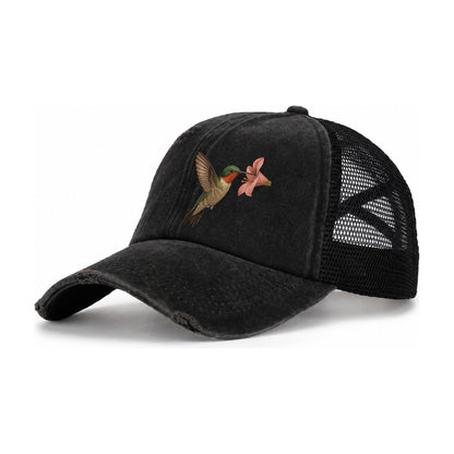 Hummingbird Haven Women's Ponytail Trucker Hat – Black Black