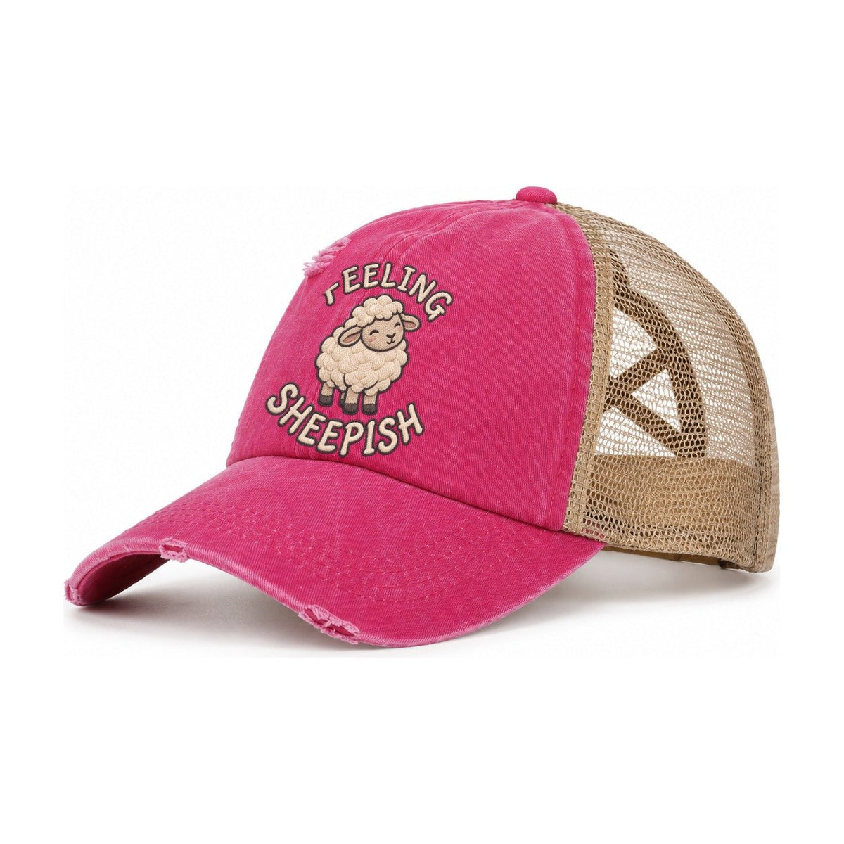 Sheep Animal Puns Women's Ponytail Trucker Hat – Raspberry Khaki
