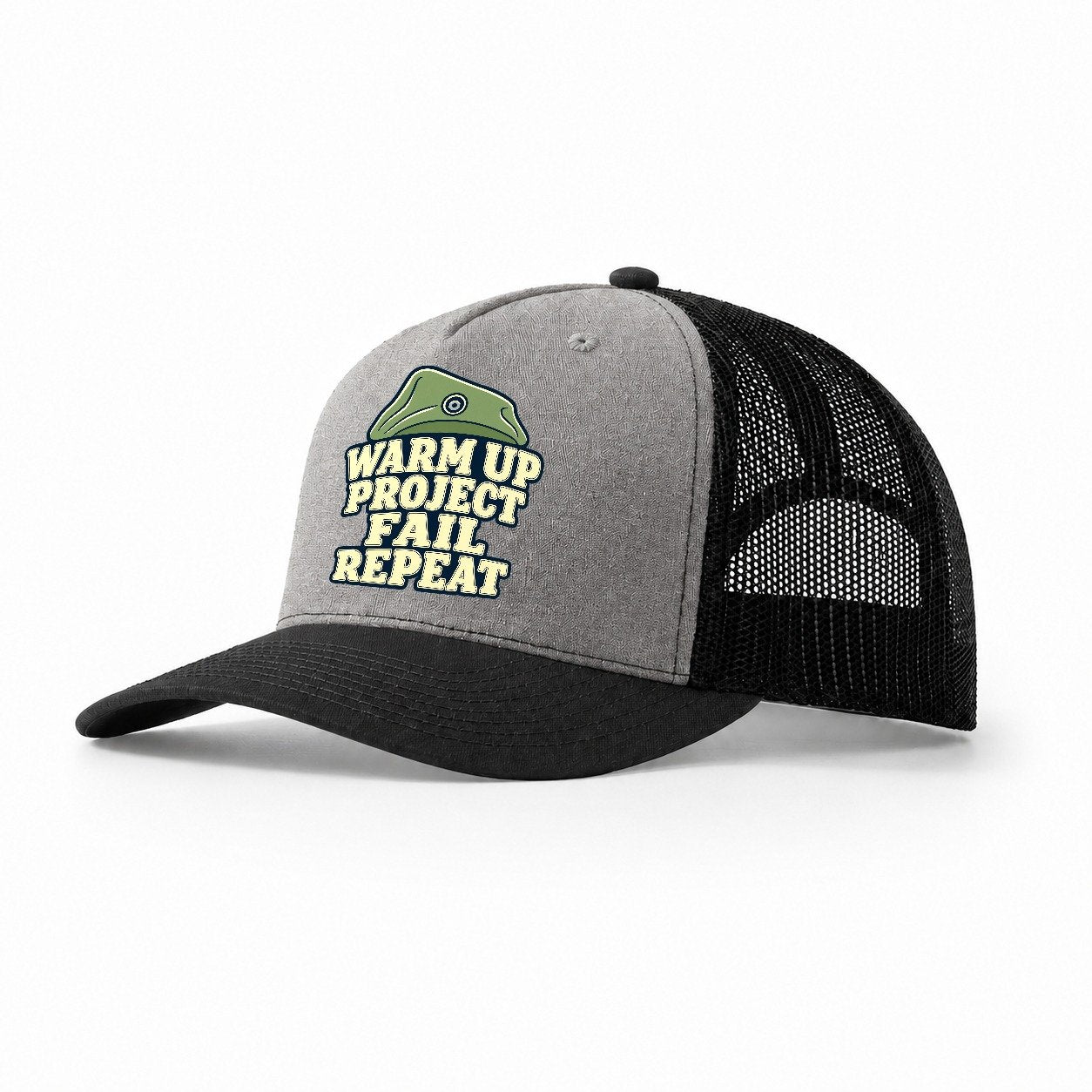 Warm Up Project Fail Repeat Rock Climbing Trucker Hat – Grey Black