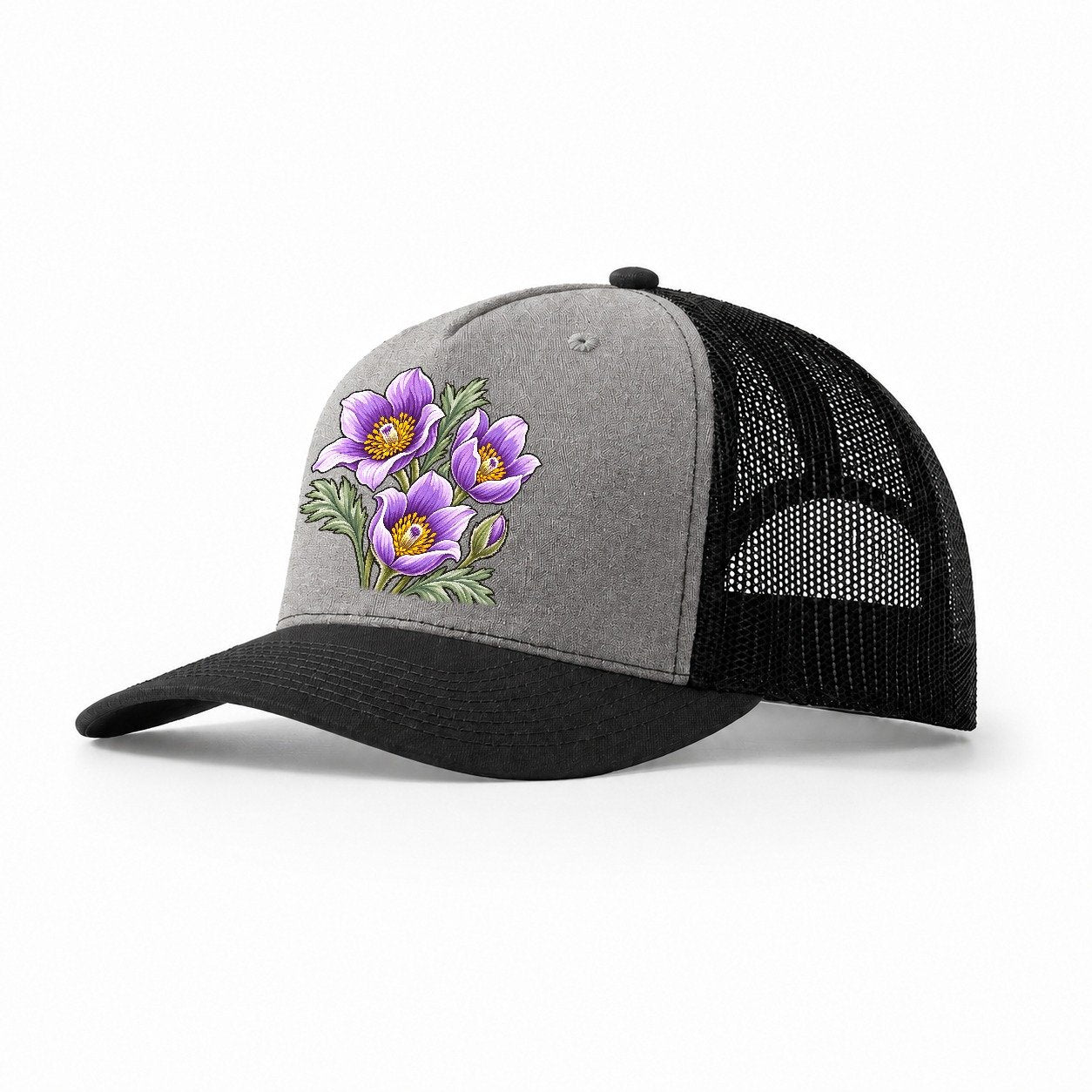 Manitoba Prairie Crocus Cluster Canada Cultural Icons Trucker Hat – Grey Black