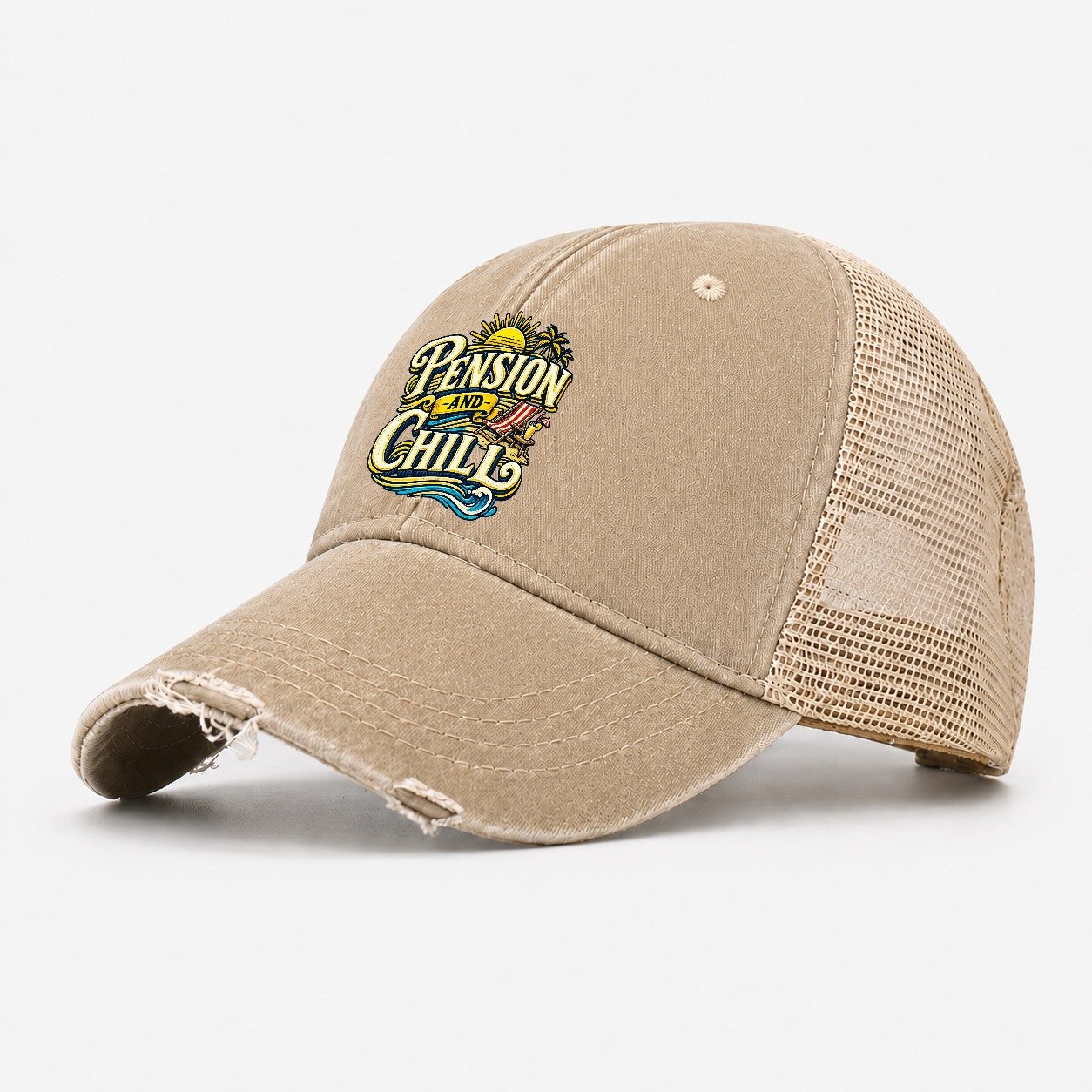 Pension And Chill Retired Living Washed Trucker Hat – Khaki