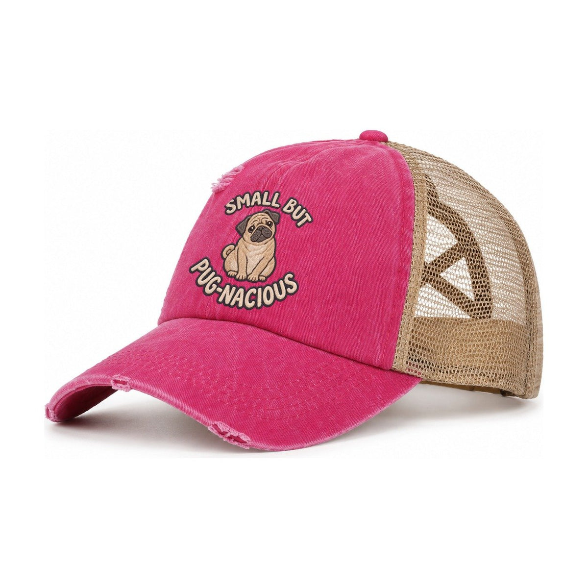 Pug Animal Puns Women's Ponytail Trucker Hat – Raspberry Khaki