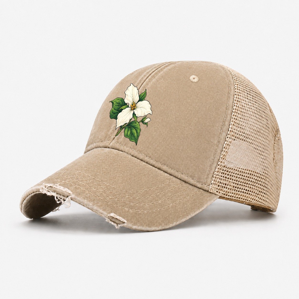 Ontario White Trillium Bloom Canada Cultural Icons Washed Trucker Hat – Khaki