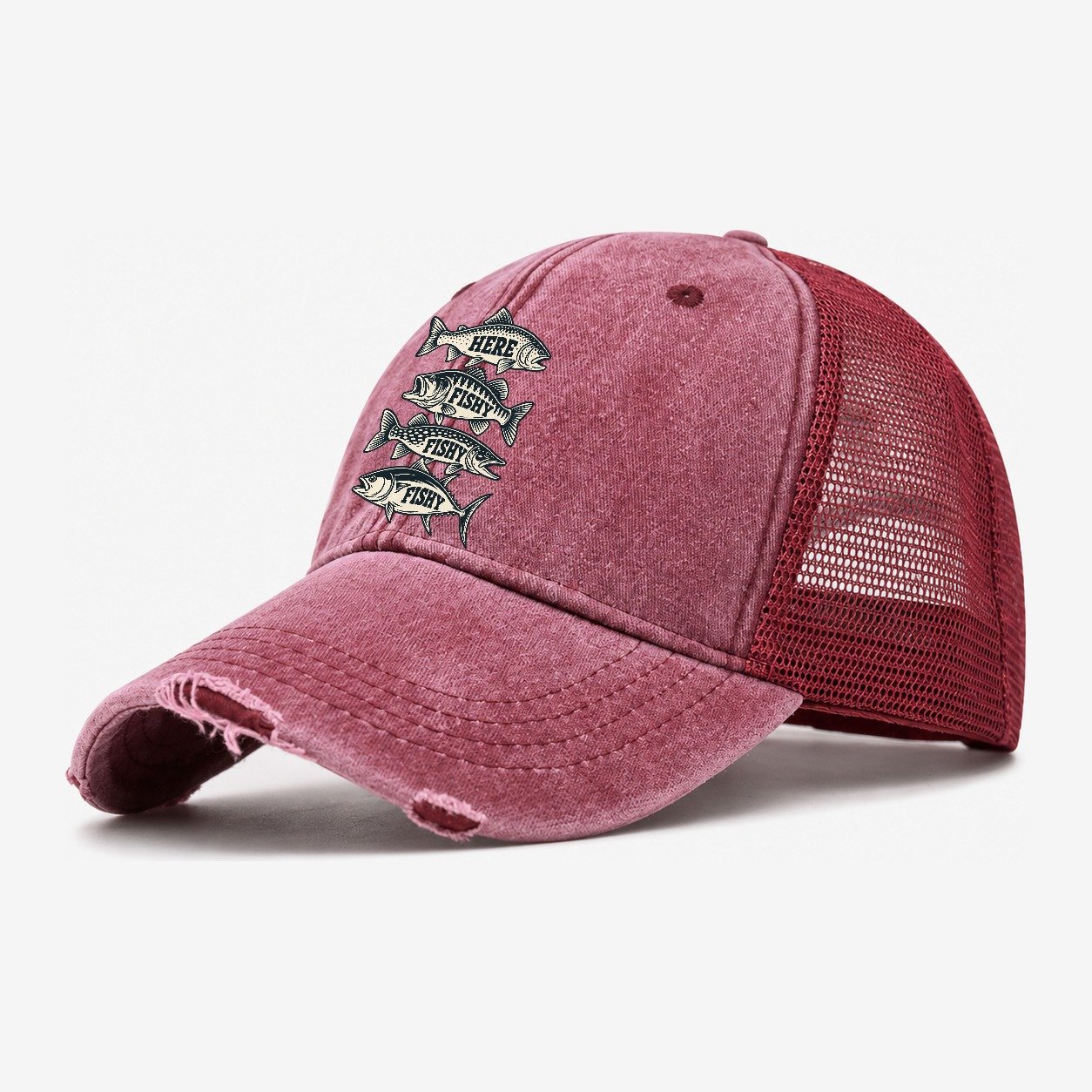 Here Fishy Fishy Stack Fishing Elegant Washed Trucker Hat – Wine Red