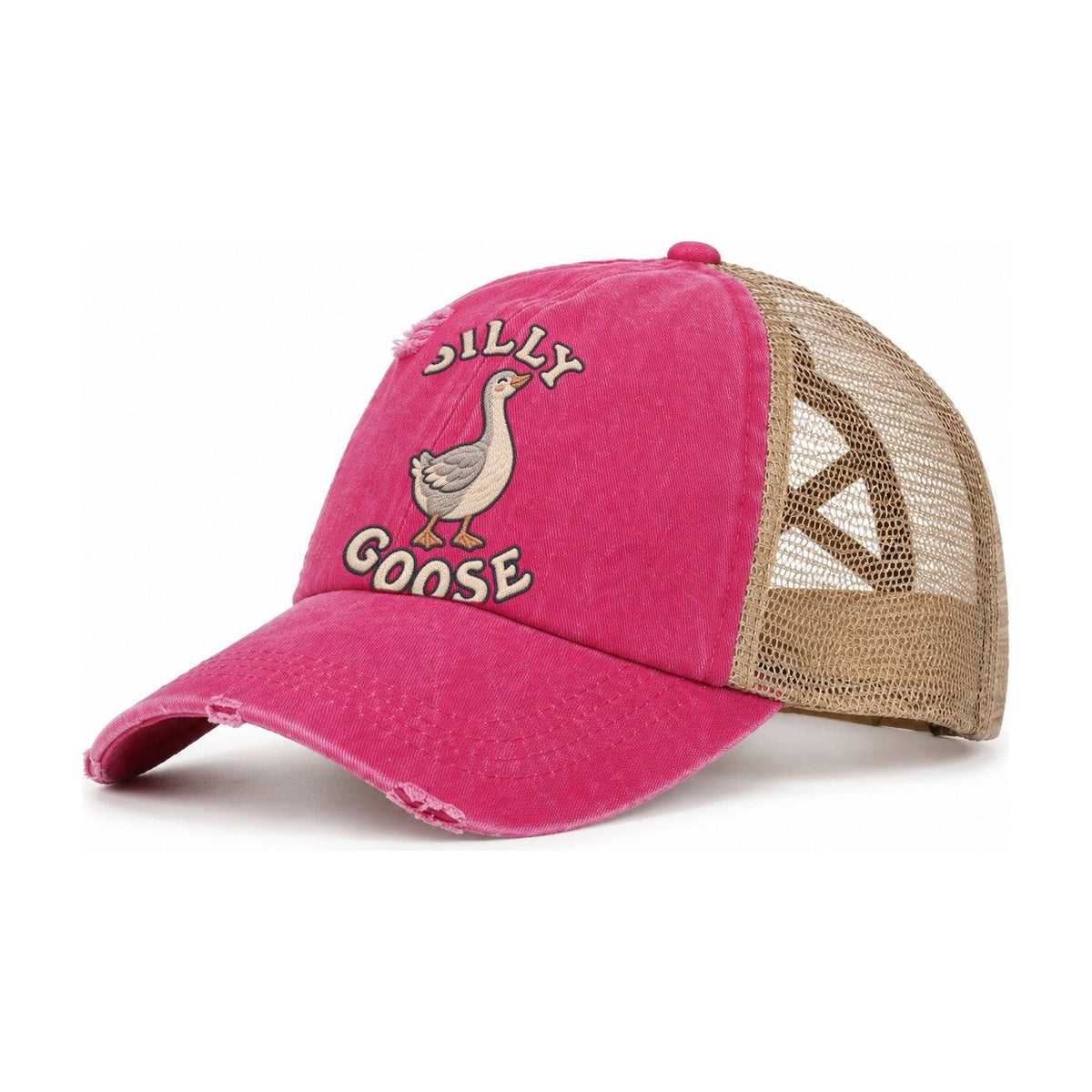 Goose Animal Puns Women's Ponytail Trucker Hat – Raspberry Khaki