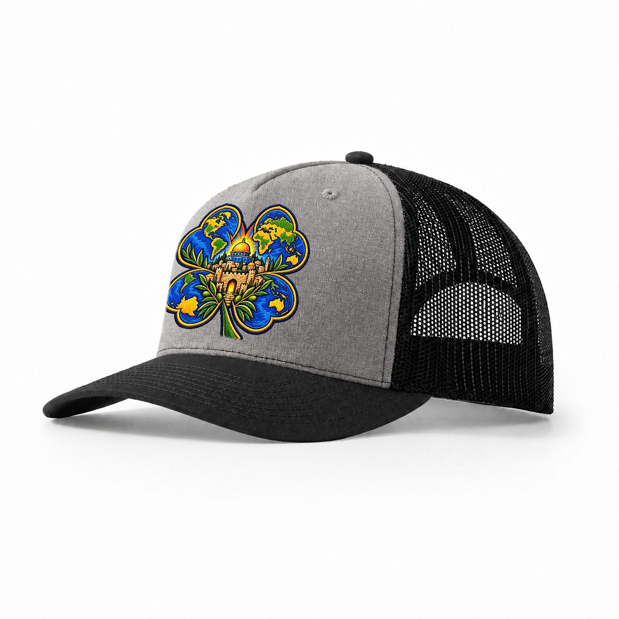 Clover Leaf World Map Jerusalem Trucker Hat – Grey Black