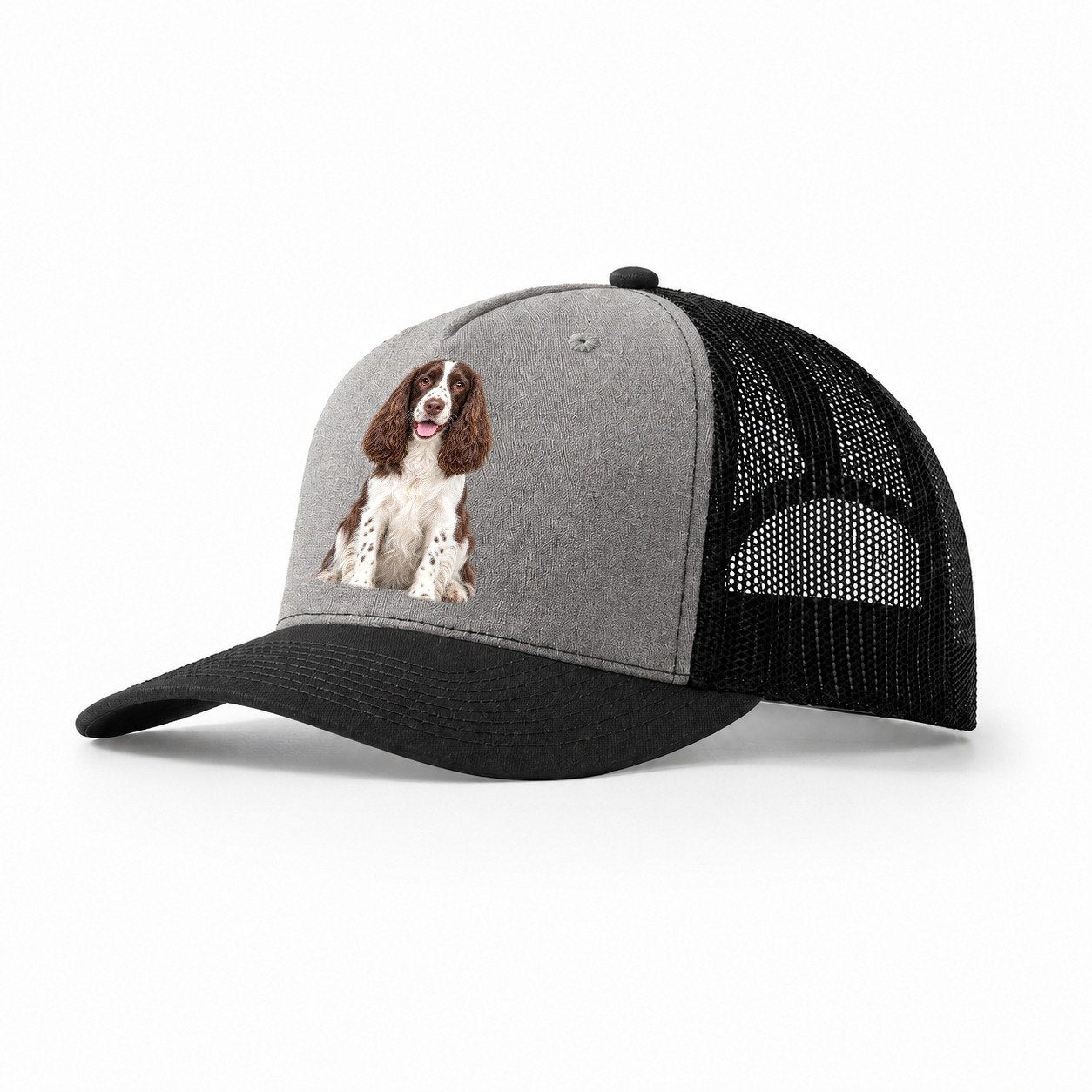English Springer Spaniel Sitting Top Breeds Trucker Hat – Grey Black
