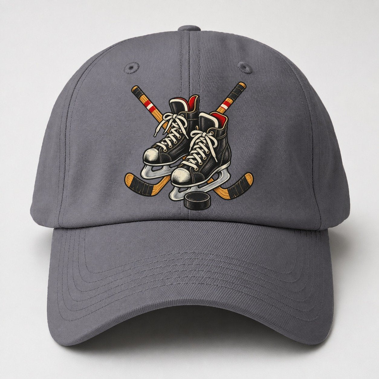 Backyard Hockey Skates Sticks And Puck Canada Cultural Icons Baseball Cap – Grey
