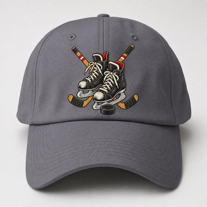 Backyard Hockey Skates Sticks And Puck Canada Cultural Icons Baseball Cap – Grey