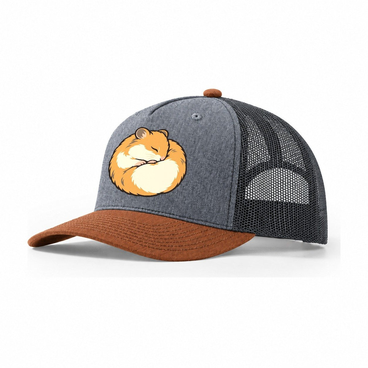 Hamster Curl Nap Small Pet Logos Trucker Hat – Heather Grey Rust Charcoal