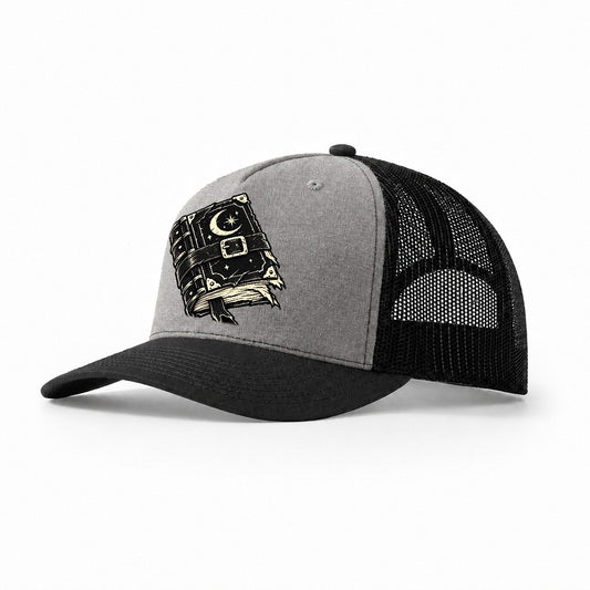 Clasped Spellbook Witch Magic Trucker Hat – Grey Black