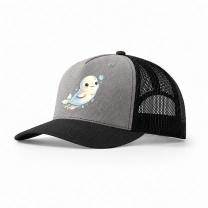 Beluga Whale Bubble Rise Sea Sprite Trucker Hat – Grey Black