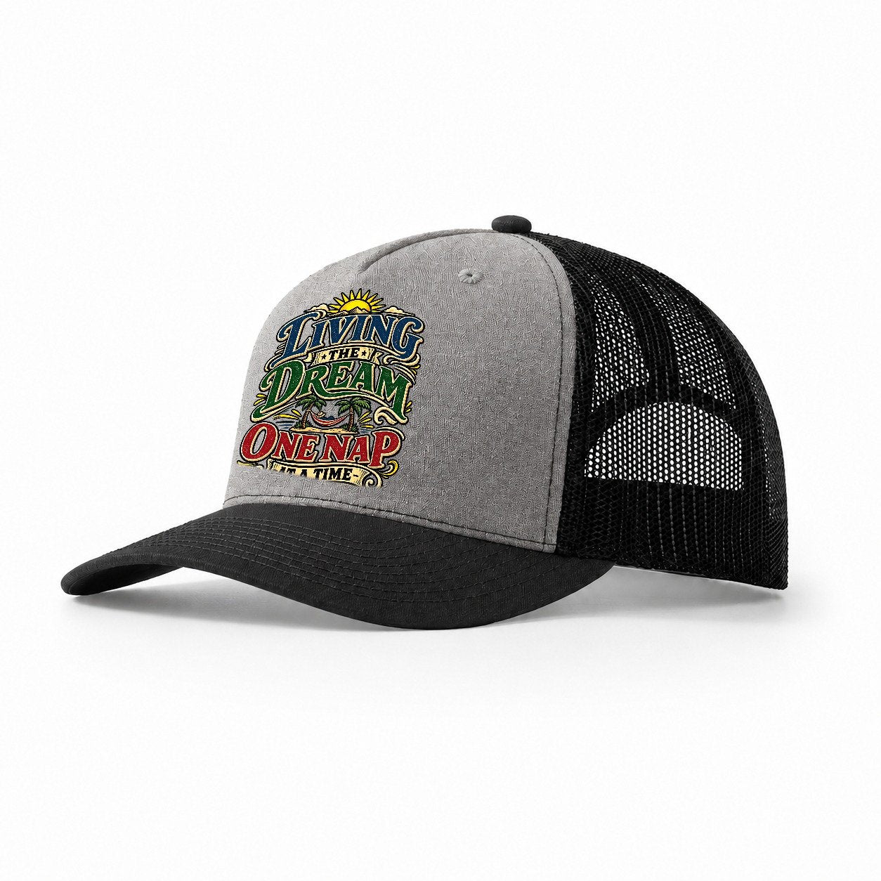 Living The Dream One Nap At A Time Retired Living Trucker Hat – Grey Black