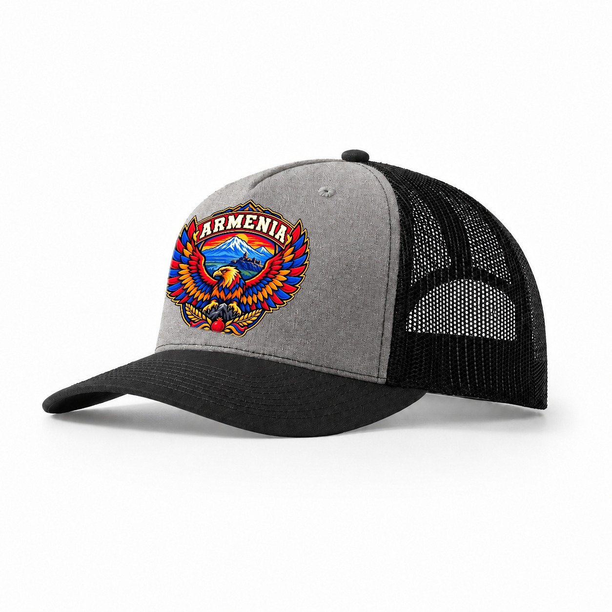 Armenia Retro Badge Country Logos Trucker Hat – Grey Black