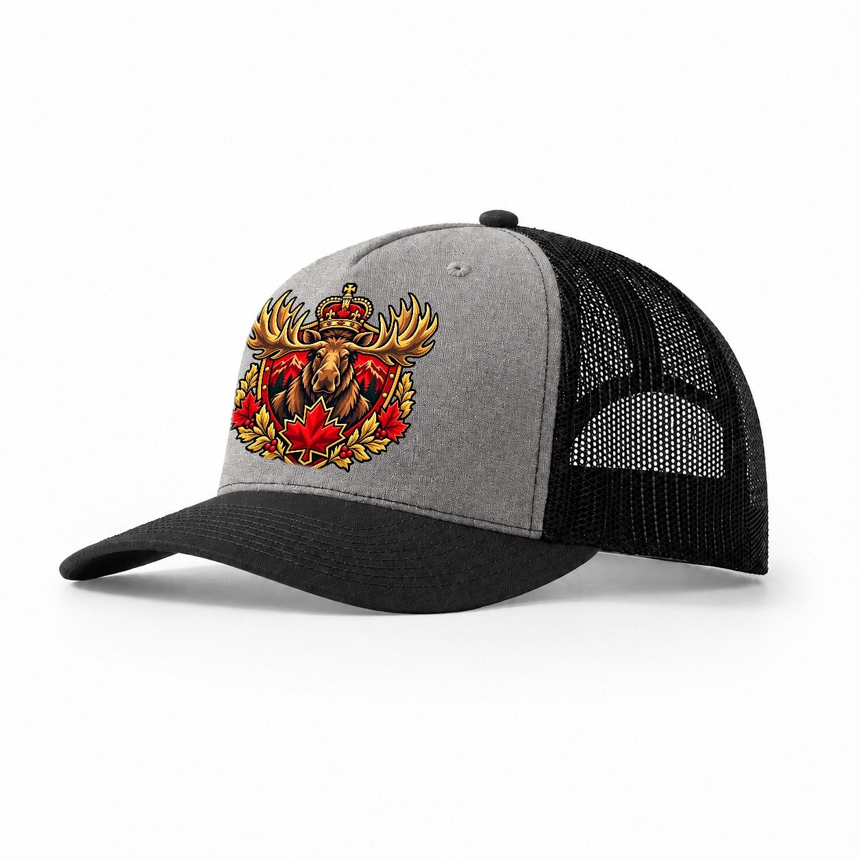 Canada Heraldic Crest Country Logos Trucker Hat – Grey Black