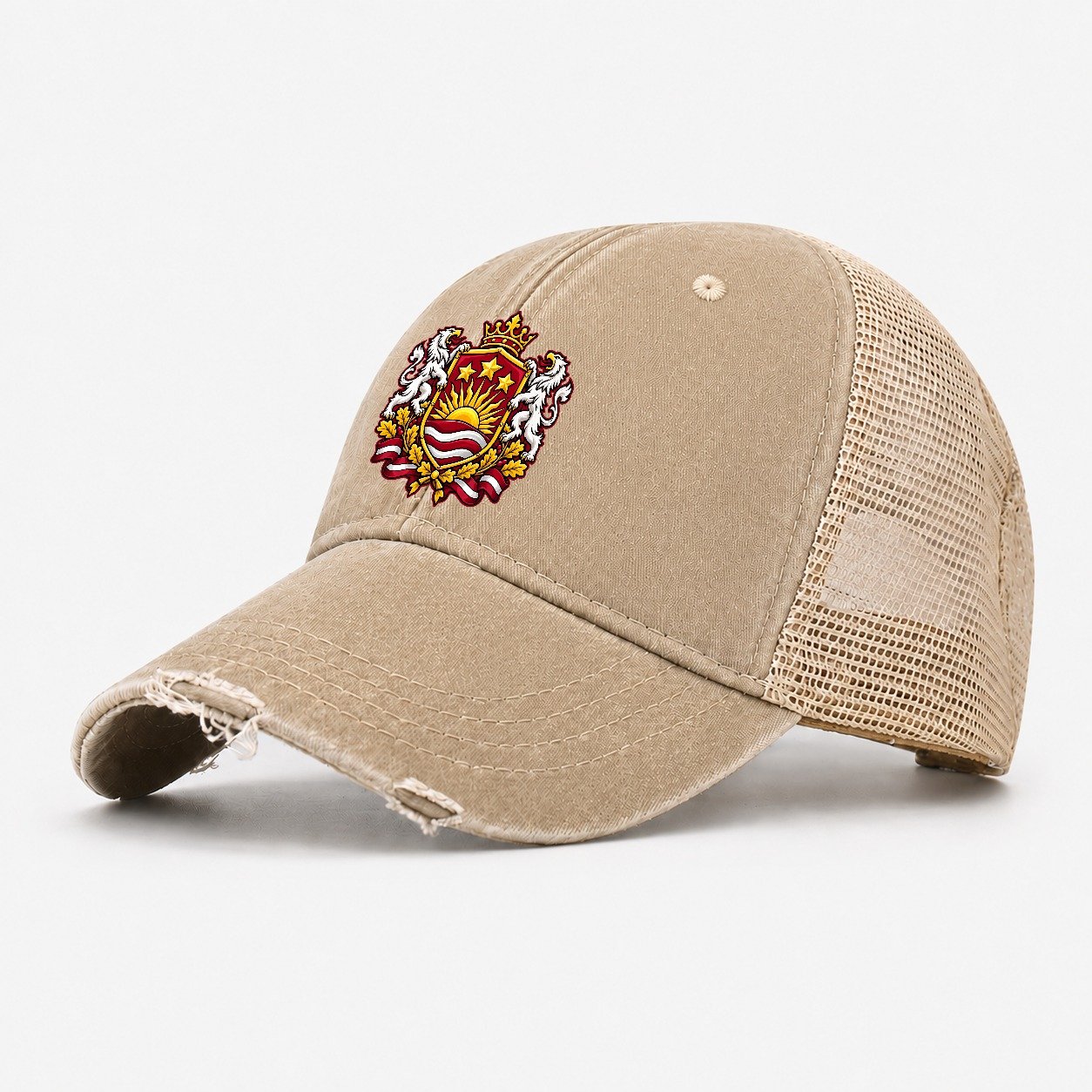 Latvia Heraldic Crest Country Logos Washed Trucker Hat – Khaki