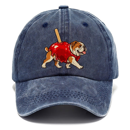 One Bulldog In Halloween Costume Candy Apple Costume Red Glossy Shell With A Stick Halloween Dog Parade Classic Cap – Twilight Navy
