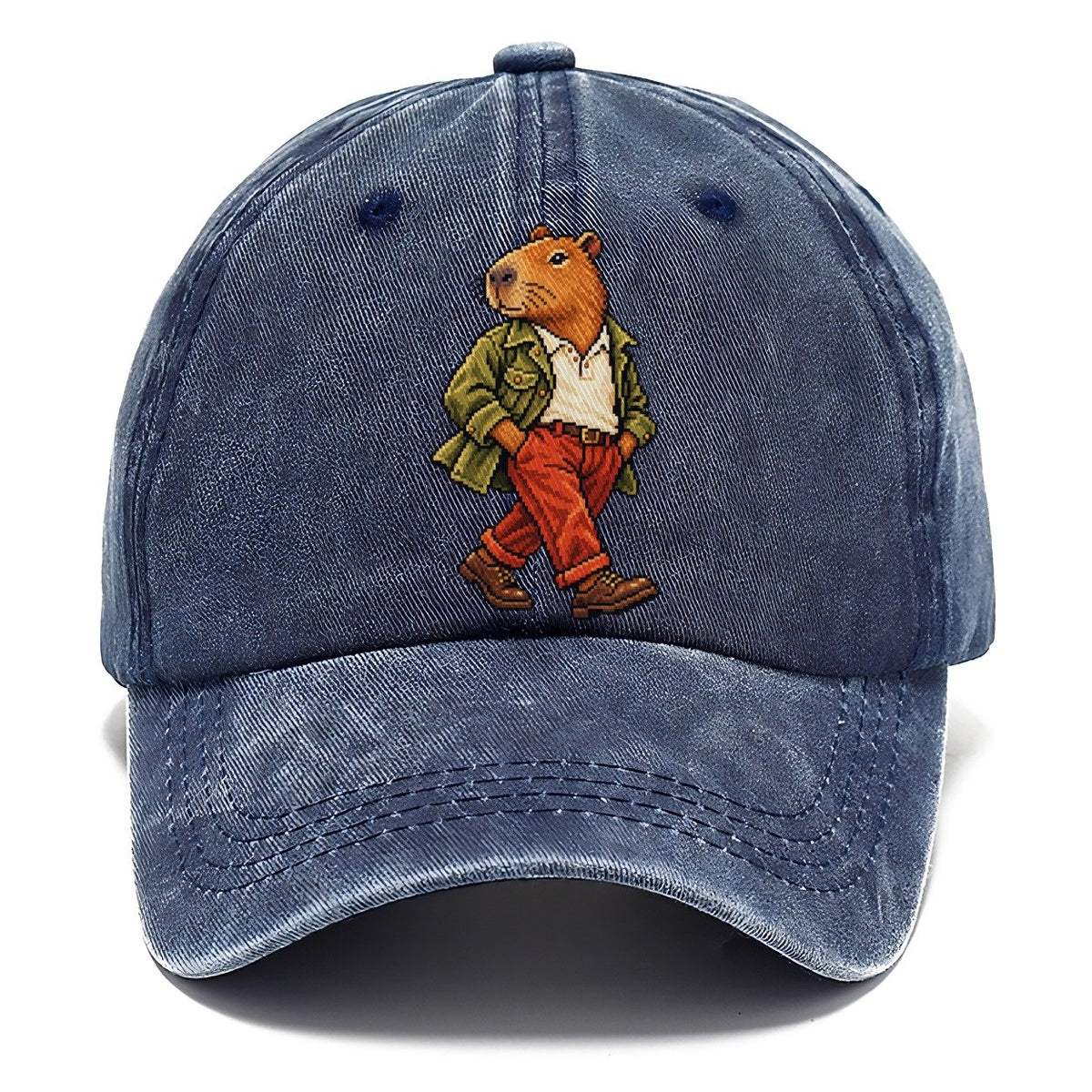 Pixel Capybara in Jacket and Red Pants Classic Cap – Twilight Navy