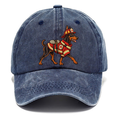 One Doberman Pinscher In Halloween Costume Firefighter Costume With A Small Helmet And Coat Halloween Dog Parade Classic Cap – Twilight Navy