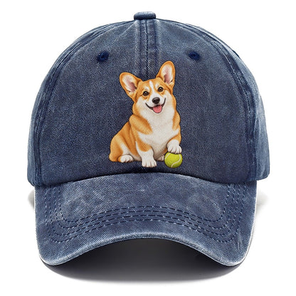 Happy Corgi with Tennis Ball Classic Cap – Twilight Navy