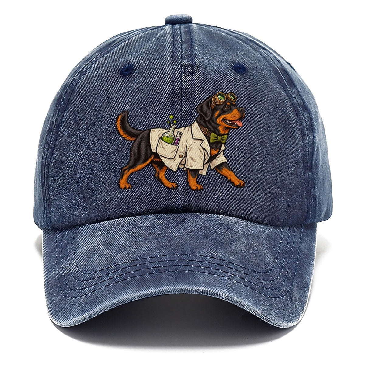 One Rottweiler In Halloween Costume Mad Scientist Costume With A Tiny Lab Coat And Goggles Halloween Dog Parade Classic Cap – Twilight Navy