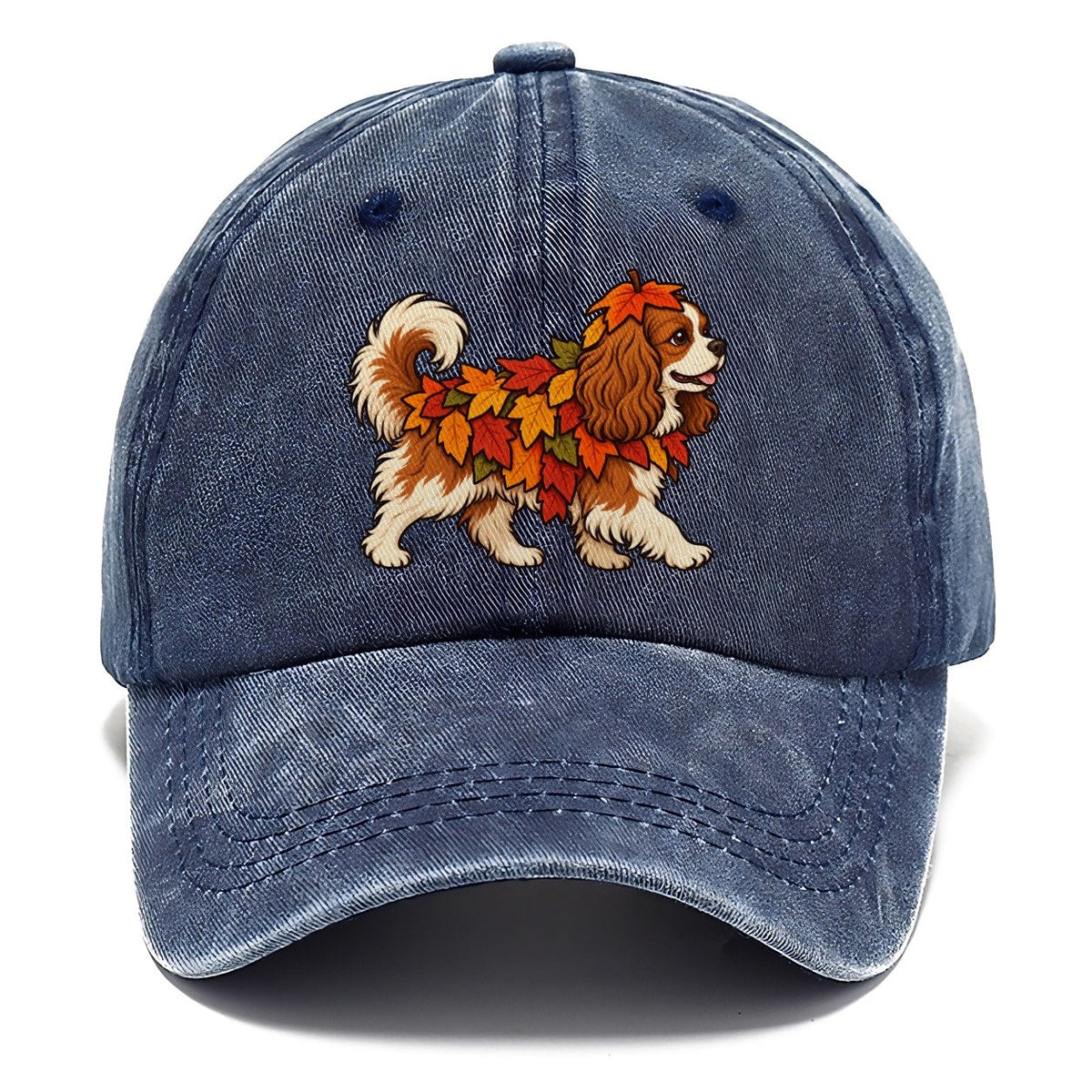 One Cavalier King Charles Spaniel In Halloween Costume Fallen Leaf Pile Costume With Orange And Red Felt Leaves Halloween Dog Parade Classic Cap – Twilight Navy