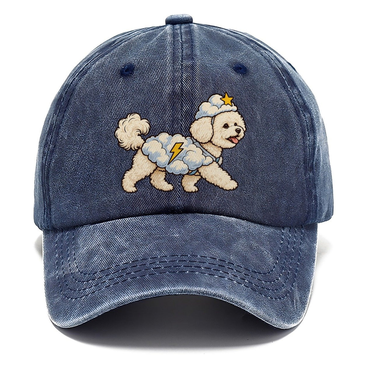 One Bichon Frise In Halloween Costume Cloud Costume With Cotton Puff Texture And A Tiny Lightning Bolt Halloween Dog Parade Classic Cap – Twilight Navy