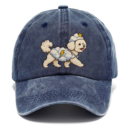 One Bichon Frise In Halloween Costume Cloud Costume With Cotton Puff Texture And A Tiny Lightning Bolt Halloween Dog Parade Classic Cap – Twilight Navy