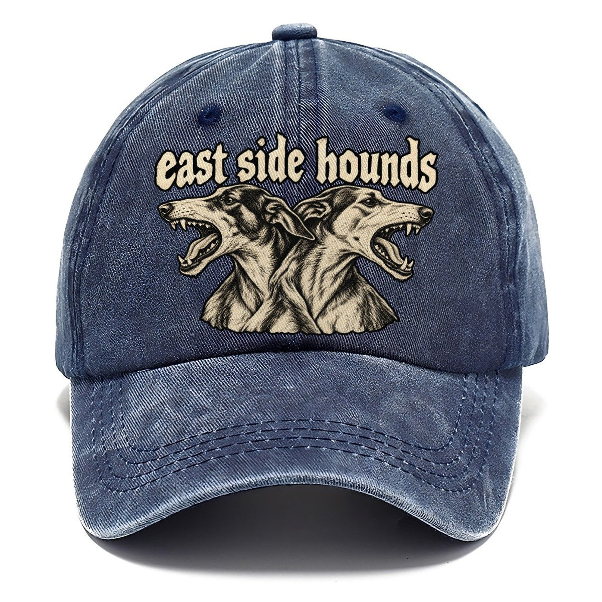 Two Lean Hound Heads Back To Back Facing Opposite Directions Bark For Me Classic Cap – Twilight Navy