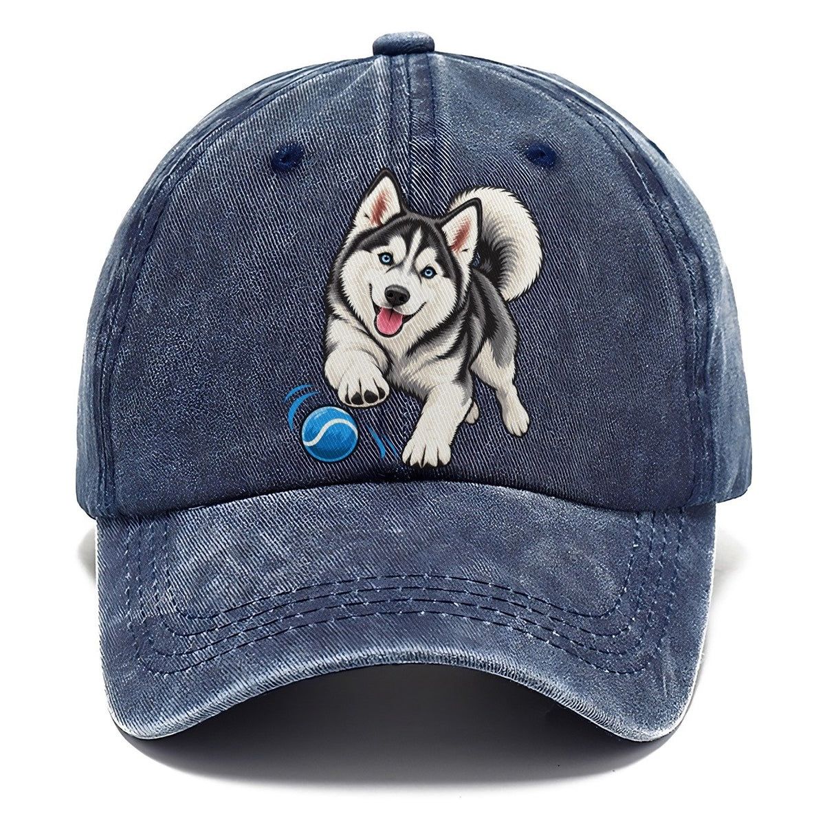 Blue-Eyed Husky Chasing Ball Classic Cap – Twilight Navy