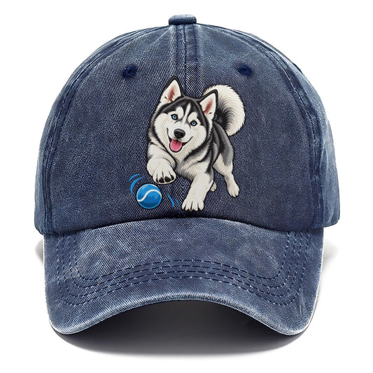 Blue-Eyed Husky Chasing Ball Classic Cap – Twilight Navy