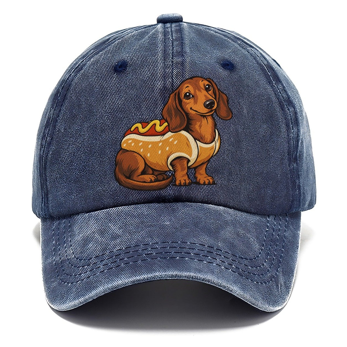 One Dachshund In Halloween Costume Hot Dog Bun Costume With Mustard Squiggle Halloween Dog Parade Classic Cap – Twilight Navy