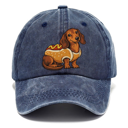 One Dachshund In Halloween Costume Hot Dog Bun Costume With Mustard Squiggle Halloween Dog Parade Classic Cap – Twilight Navy