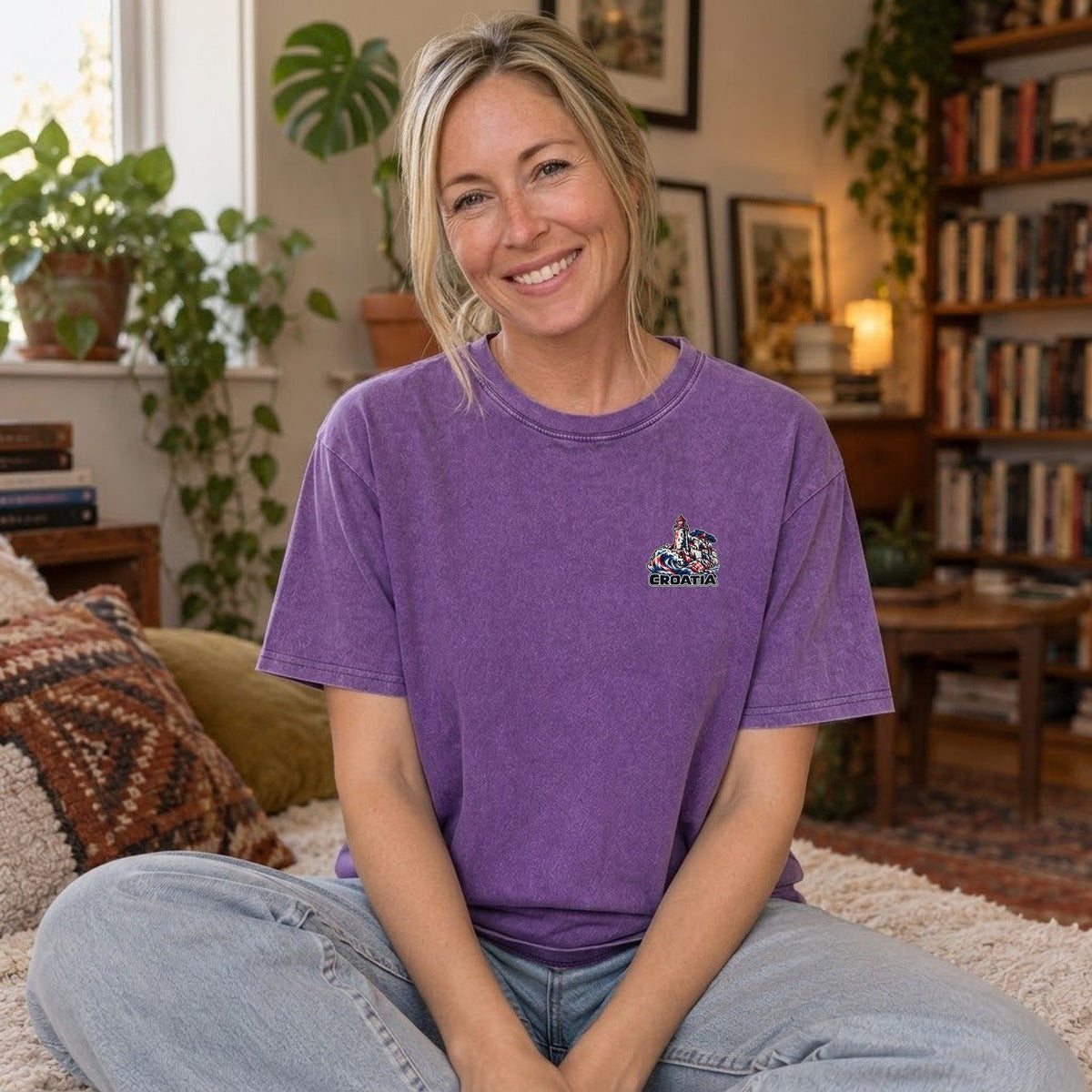 Purple — worn by a model