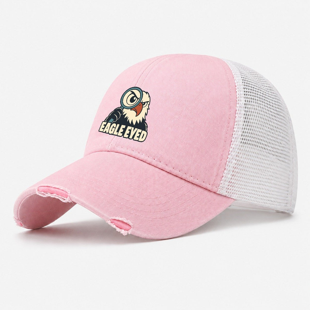 Eagle Eyed Familiar Punchlines Washed Trucker Hat – Light Pink