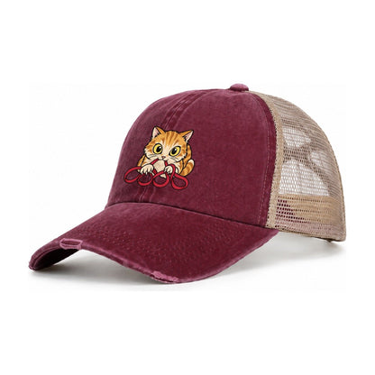 The Floss Bandit Needlework Women's Ponytail Trucker Hat – Burgundy Khaki