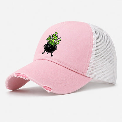 Bubbling Cauldron Witch Magic Washed Trucker Hat – Light Pink