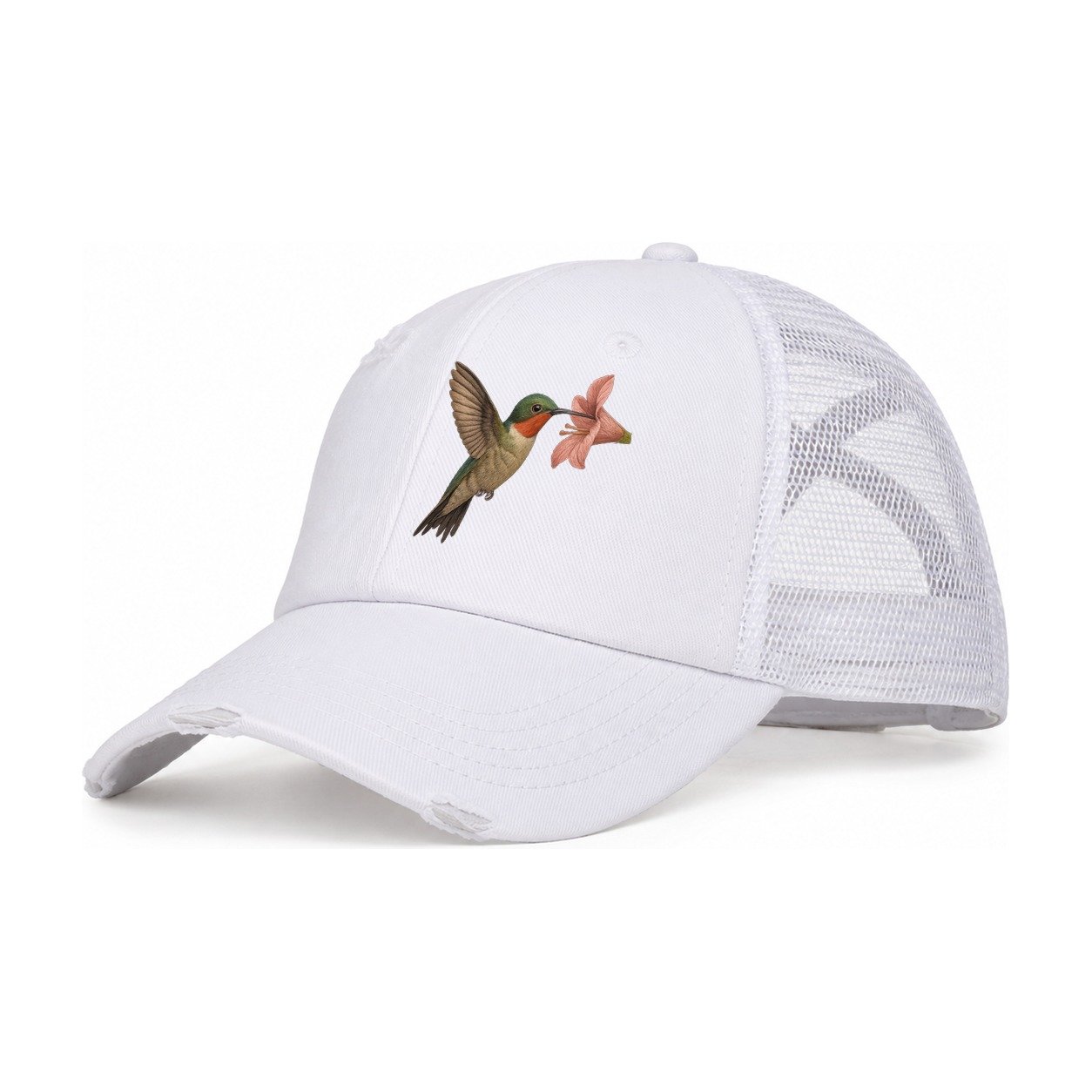 Hummingbird Haven Women's Ponytail Trucker Hat – White White