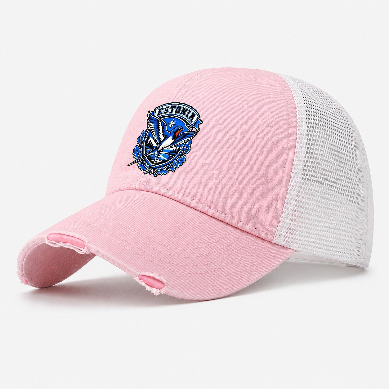 Estonia Retro Badge Country Logos Washed Trucker Hat – Light Pink